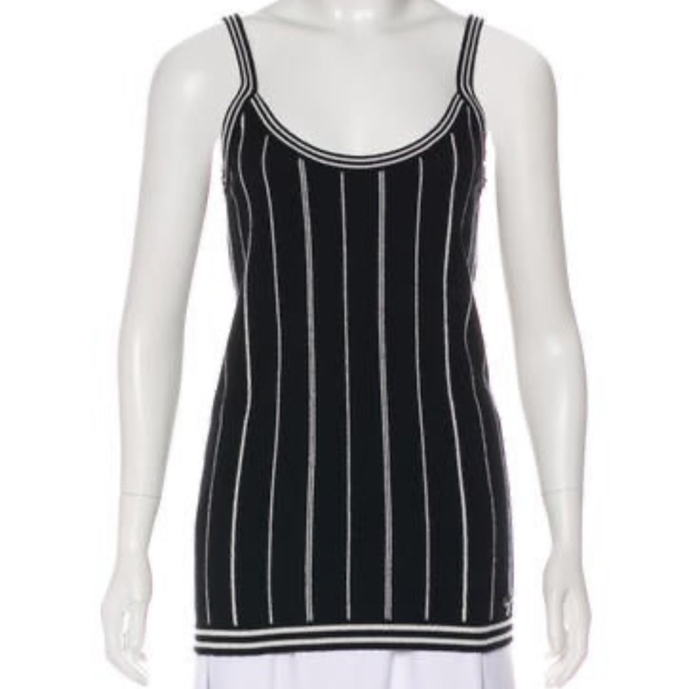 CHANEL-AUTHENTIC (NWT) Sleeveless Cashmere Black & White Striped Tank Top